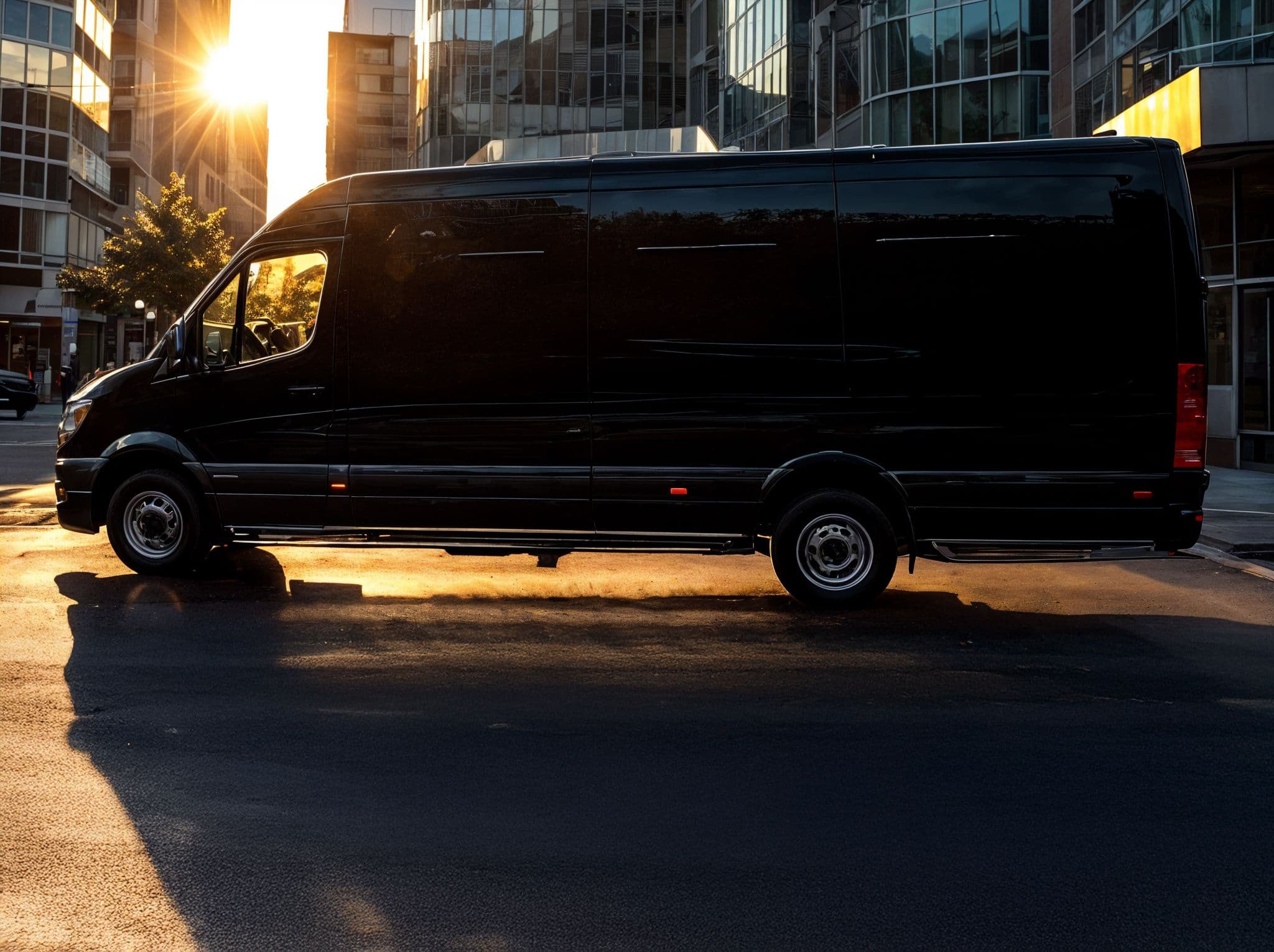 Minibus Volmer preto numa rua ao pôr do sol